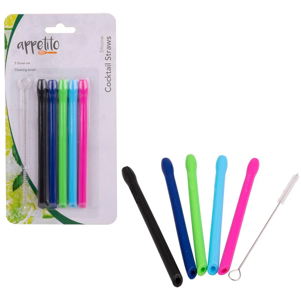 D Line D.Line Silicone Cocktail Straws Set 5 W/ Brush (Assorted Colours)